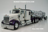 Item #60-1806 White Purple Tri-Axle Kenworth W900L 60-inch Flattop Sleeper with Chrome Silver Tandem Axle Polar Deep Drop Tank Trailer - 1/64 Scale – DCP by First Gear