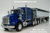 Item #60-1807 Johnson Harvesting Blue Metallic Tri-Axle Kenworth T800 72-inch Flattop Sleeper with White High Sided Black Tarp Silver Frame Tandem Axle Wilson Pacesetter 43-foot Hopper Bottom Grain Trailer - 1/64 Scale – DCP by First Gear