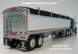 Item #60-1807 Johnson Harvesting Blue Metallic Tri-Axle Kenworth T800 72-inch Flattop Sleeper with White High Sided Black Tarp Silver Frame Tandem Axle Wilson Pacesetter 43-foot Hopper Bottom Grain Trailer - 1/64 Scale – DCP by First Gear