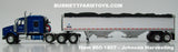 Item #60-1807 Johnson Harvesting Blue Metallic Tri-Axle Kenworth T800 72-inch Flattop Sleeper with White High Sided Black Tarp Silver Frame Tandem Axle Wilson Pacesetter 43-foot Hopper Bottom Grain Trailer - 1/64 Scale – DCP by First Gear