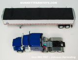 Item #60-1807 Johnson Harvesting Blue Metallic Tri-Axle Kenworth T800 72-inch Flattop Sleeper with White High Sided Black Tarp Silver Frame Tandem Axle Wilson Pacesetter 43-foot Hopper Bottom Grain Trailer - 1/64 Scale – DCP by First Gear