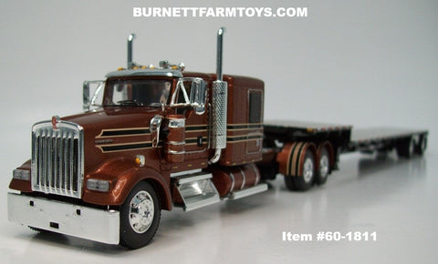 Item #60-1811 Burnt Orange Metallic Black Stripe Gold Outline Kenworth W900L 60-inch Flattop Sleeper with Silver Deck Black Frame Spread Axle Transcraft D-Eagle Stepdeck Trailer - 1/64 Scale – DCP by First Gear