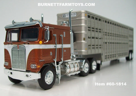 Item #60-1814 Brown Metallic White Stripe Gold Outline Kenworth K100 COE Flattop Sleeper with Silver Tandem Axle Wilson 45-foot Vintage Livestock Trailer - 1/64 Scale – DCP by First Gear
