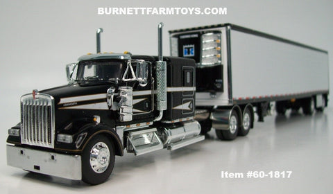 Item #60-1817 Black White Stripe Gold Outline Kenworth W900L 60-inch Flattop Sleeper with White Ribbed Sided Black Trim Black Frame Spread Axle 53-foot Utility Refrigerated Trailer with Thermo King Refrigerator - 1/64 Scale – DCP by First Gear