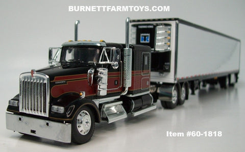 Item #60-1818 Black Burgundy Gold Outline Kenworth W900L 60-inch Flattop Sleeper with White Ribbed Sided Black Trim Black Frame Spread Axle 53-foot Utility Refrigerated Trailer with Thermo King Refrigerator - 1/64 Scale – DCP by First Gear