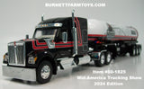 Item #60-1825 Mid-America Trucking Show 2024 Edition Black Red White Outline Kenworth W990 76-inch Mid Roof Sleeper with White Red Stripe Black Stripe Black Frame Tri-Axle Mississippi LPG Propane Tanker Trailer - 1/64 Scale – DCP by First Gear