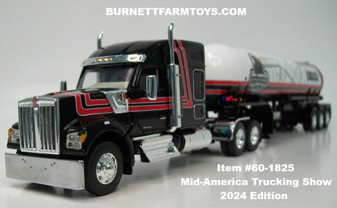 Item #60-1825 Mid-America Trucking Show 2024 Edition Black Red White Outline Kenworth W990 76-inch Mid Roof Sleeper with White Red Stripe Black Stripe Black Frame Tri-Axle Mississippi LPG Propane Tanker Trailer - 1/64 Scale – DCP by First Gear