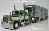 Item #60-1836 Olive Green White Black Outline Peterbilt 389 36-inch Flattop Sleeper with Silver Olive Green Trim Spread Axle Wilson Silver Star Livestock Trailer - 1/64 Scale – DCP by First Gear