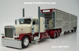 Item #60-1837 Cream Burgundy Peterbilt 389 36-inch Flattop Sleeper with Silver Burgundy Trim Spread Axle Wilson Silver Star Livestock Trailer - 1/64 Scale – DCP by First Gear