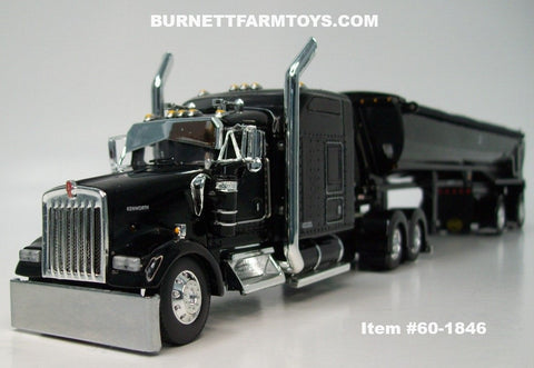 Item #60-1846 Black Kenworth W900L 86-inch Studio Sleeper with All Black Spread Axle MAC Half Round Dump Trailer - 1/64 Scale – DCP by First Gear