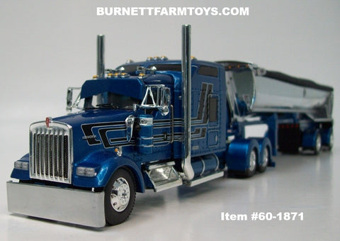 Item #60-1871 Blue Metallic Black White Outline Kenworth W900L 86-inch Studio Sleeper with Chrome Sided Black Tarp Blue Metallic Frame Spread Axle MAC Round Dump Trailer - 1/64 Scale – DCP by First Gear