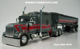 Item #60-1875 Gun Metal Gray Red White Outline Kenworth W900L 86-inch Studio Sleeper with Gun Metal Gray Red White Spread Axle MAC Round Dump Trailer - 1/64 Scale – DCP by First Gear