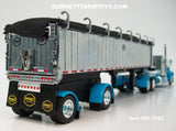 Item #60-1893 Cyan Blue Peterbilt 379 with Chrome Vintage 60-inch Sleeper and Chrome Sided Black Tarp Black Frame Cyan Blue Fender Spread Axle MAC Frameless Coal Dump Trailer - 1/64 Scale – DCP by First Gear