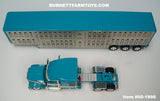 Item #60-1896 Turquoise Cream Black Outline Kenworth W990 76-inch Mid Roof Sleeper with Silver Sided Turquoise Trim Tri-Axle Wilson Silver Star Livestock Trailer - 1/64 Scale – DCP by First Gear