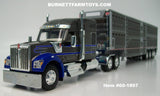 Item #60-1897 Gun Metal Gray Blue White Outline Kenworth W990 76-inch Mid Roof Sleeper with Gun Metal Gray Sided Silver Trim Quad Axle Wilson Silver Star Livestock Trailer - 1/64 Scale – DCP by First Gear