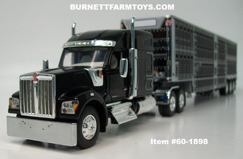 Item #60-1898 Black Kenworth W990 76-inch Mid Roof Sleeper with Black Sided Silver Trim Tri-Axle Wilson Silver Star Livestock Trailer - 1/64 Scale – DCP by First Gear