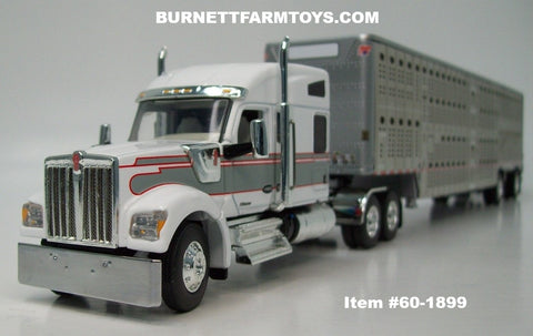 Item #60-1899 White Gray Red Outline Kenworth W990 76-inch Mid Roof Sleeper with Silver Spread Axle Wilson Silver Star Livestock Trailer - 1/64 Scale – DCP by First Gear