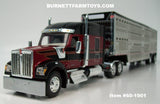 Item #60-1901 Black Burgundy Gold Outline Kenworth W990 76-inch Mid Roof Sleeper with Silver Sided Black Trim Spread Axle Wilson Silver Star Livestock Trailer - 1/64 Scale – DCP by First Gear