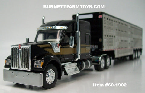 Item #60-1902 Black Gold Kenworth W990 76-inch Mid Roof Sleeper with Silver Sided Black Trim Quad Axle Wilson Silver Star Livestock Trailer - 1/64 Scale – DCP by First Gear