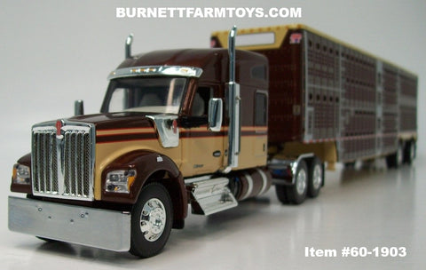 Item #60-1903 Brown Metallic Tan Red Outline Kenworth W990 76-inch Mid Roof Sleeper with Brown Metallic Tan Trim Spread Axle Wilson Silver Star Livestock Trailer - 1/64 Scale – DCP by First Gear