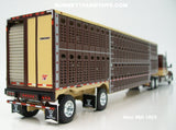 Item #60-1903 Brown Metallic Tan Red Outline Kenworth W990 76-inch Mid Roof Sleeper with Brown Metallic Tan Trim Spread Axle Wilson Silver Star Livestock Trailer - 1/64 Scale – DCP by First Gear