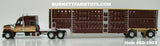 Item #60-1903 Brown Metallic Tan Red Outline Kenworth W990 76-inch Mid Roof Sleeper with Brown Metallic Tan Trim Spread Axle Wilson Silver Star Livestock Trailer - 1/64 Scale – DCP by First Gear