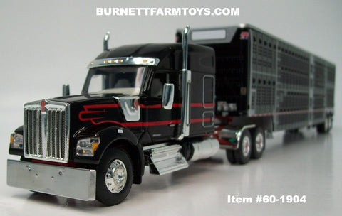 Item #60-1904 Black Red Kenworth W990 76-inch Mid Roof Sleeper with Black Sided Silver Trim Tandem Axle Wilson Silver Star Livestock Trailer - 1/64 Scale – DCP by First Gear