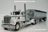 Item #60-1908 White Silver Stripe Peterbilt 359 with 60-inch Vintage Sleeper and Chrome High Sided Black Tarp Silver Frame Tandem Axle Wilson 43-foot Hopper Bottom Grain Trailer - 1/64 Scale – DCP by First Gear