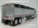 Item #60-1908 White Silver Stripe Peterbilt 359 with 60-inch Vintage Sleeper and Chrome High Sided Black Tarp Silver Frame Tandem Axle Wilson 43-foot Hopper Bottom Grain Trailer - 1/64 Scale – DCP by First Gear