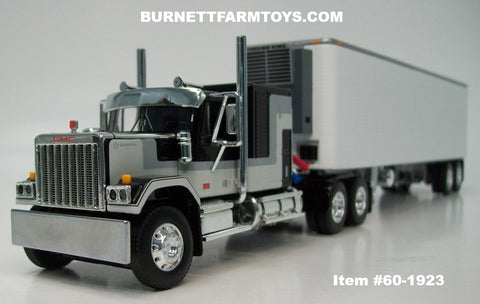 Item #60-1923 Black Gray GMC General 60-inch Flattop Sleeper with White Sided Silver Trim Silver Frame Tandem Axle Vintage 40-foot Refrigerated Trailer with Thermo King Refrigerator - 1/64 Scale – DCP by First Gear