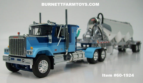 Item #60-1924 Blue GMC General 34-inch Flattop Sleeper with Polished Silver Tandem Axle 3-Bay Pneumatic Tanker Trailer - 1/64 Scale – DCP by First Gear