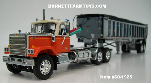 Item #60-1925 Cream Orange Brown Stripe Chevrolet Bison Day Cab with Chrome Black Tarp Silver Frame Tandem Axle EAST End Dump Trailer - 1/64 Scale – DCP by First Gear