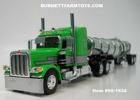 Item #60-1934 Green Silver Black Outline Peterbilt 389 48-inch Mid Roof Sleeper with Chrome Green Banded Tandem Axle Polar Deep Drop Tanker Trailer - 1/64 Scale – DCP by First Gear