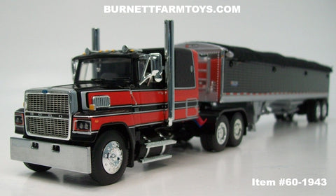 Item #60-1943 Black Viper Red Silver Outline Ford LTL-9000 60-inch Flattop Sleeper with Black Sided Black Tarp Silver Frame Tandem Axle Wilson Pacesetter Hopper Bottom Grain Trailer - 1/64 Scale – DCP by First Gear