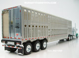 Item #60-1955 V-Y Truck Line White Green Kenworth W900L 72-inch Aero Cab Flattop Sleeper with Silver Tri-Axle Wilson Silver Star Livestock Trailer - 1/64 Scale – DCP by First Gear