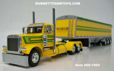 Item #60-1969 Yellow Green Lime Green Peterbilt 379 Day Cab with Yellow Green Sided Green Tarp Silver Frame Tri-Axle Lode King Distinction Hopper Bottom Grain Trailer - 1/64 Scale – DCP by First Gear