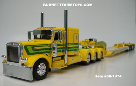 Item #60-1974 Yellow Green Peterbilt 389 48-inch Flattop Sleeper with Yellow Tri-Axle Fontaine Magnitude Lowboy Trailer with Flip Axle - 1/64 Scale – DCP by First Gear