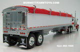 Item #60-1989 White Red Gold Outline Peterbilt 379 Day Cab with White Sided Red Tarp Silver Frame Tandem Axle Wilson 43-foot Pacesetter Hopper Bottom Grain Trailer - 1/64 Scale – DCP by First Gear
