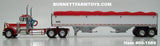 Item #60-1989 White Red Gold Outline Peterbilt 379 Day Cab with White Sided Red Tarp Silver Frame Tandem Axle Wilson 43-foot Pacesetter Hopper Bottom Grain Trailer - 1/64 Scale – DCP by First Gear
