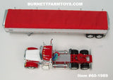 Item #60-1989 White Red Gold Outline Peterbilt 379 Day Cab with White Sided Red Tarp Silver Frame Tandem Axle Wilson 43-foot Pacesetter Hopper Bottom Grain Trailer - 1/64 Scale – DCP by First Gear