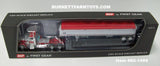 Item #60-1989 White Red Gold Outline Peterbilt 379 Day Cab with White Sided Red Tarp Silver Frame Tandem Axle Wilson 43-foot Pacesetter Hopper Bottom Grain Trailer - 1/64 Scale – DCP by First Gear