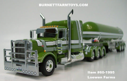 Item #60-1995 Loewen Farms Olive Green Metallic White Stripe Black Outline Tri-Axle Peterbilt 389 63-inch Mid Roof Sleeper with Tri-Axle Mississippi LP Tanker Trailer - 1/64 Scale – DCP by First Gear