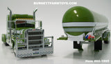 Item #60-1995 Loewen Farms Olive Green Metallic White Stripe Black Outline Tri-Axle Peterbilt 389 63-inch Mid Roof Sleeper with Tri-Axle Mississippi LP Tanker Trailer - 1/64 Scale – DCP by First Gear