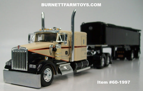 Item #60-1997 Cream Black Orange Outline Kenworth W900L 60-inch Flattop Sleeper with All Black Spread Axle MAC Frameless Coal End Dump Trailer - 1/64 Scale – DCP by First Gear