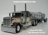 Item #60-2006 Von Waymire Farms Brown Metallic Cream Peterbilt 389 36-inch Flattop Sleeper with Chrome Silver Tandem Axle Polar Deep Drop Tanker Trailer - 1/64 Scale – DCP by First Gear