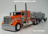Item #60-2007 Orange Cream Black Outline Peterbilt 389 36-inch Flattop Sleeper with Silver Tandem Axle Polar Deep Drop Tanker Trailer - 1/64 Scale – DCP by First Gear