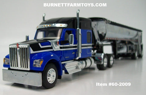 Item #60-2009 Blue Black White Kenworth W990 76-inch Mid Roof Sleeper with Chrome Black Tarp Spread Axle MAC Round Dump Trailer - 1/64 Scale – DCP by First Gear
