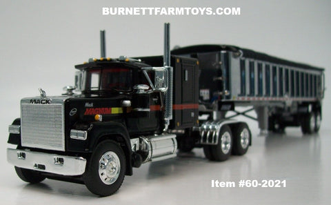 Item #60-2021 Black Red Stripe Yellow Stripe Mack Superliner 60-inch Flattop Sleeper with Chrome Sided Black Tarp Silver Frame Tandem Axle EAST End Dump Trailer - 1/64 Scale – DCP by First Gear