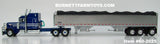 Item #60-2025 Blue Metallic White Black Outline Peterbilt 379 63-inch Mid Roof Sleeper with Pewter High Sided Black Tarp Silver Frame Tri-Axle Wilson Pacesetter Hopper Bottom Grain Trailer - 1/64 Scale – DCP by First Gear