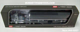 Item #60-2027 Gun Metal Gray White Black Outline Peterbilt 379 63-inch Mid Roof Sleeper with Black High Sided Black Tarp Silver Frame Tri-Axle Wilson Pacesetter Hopper Bottom Grain Trailer - 1/64 Scale – DCP by First Gear